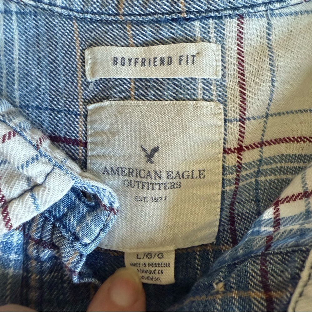 American Eagle | Boyfriend Fit Flannel Large Blue White - Picture 4 of 7